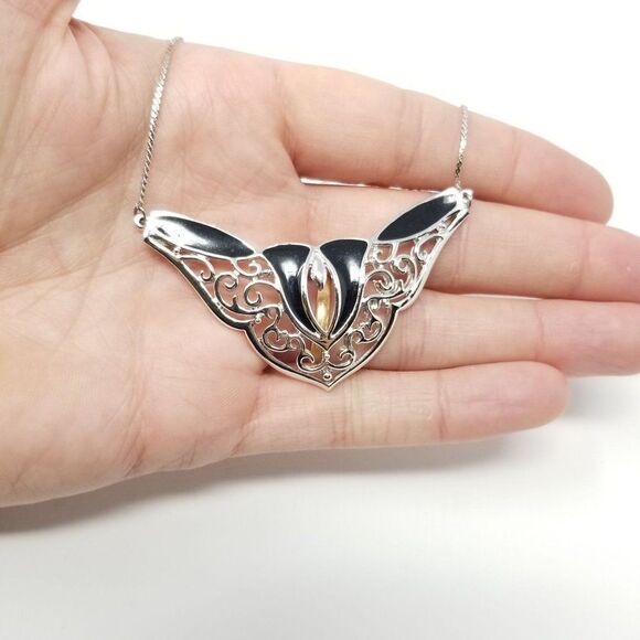 Vintage Abstract Silver Tone and Black Enmale Pendant Necklace, Filigree Design - Picture 1 of 6